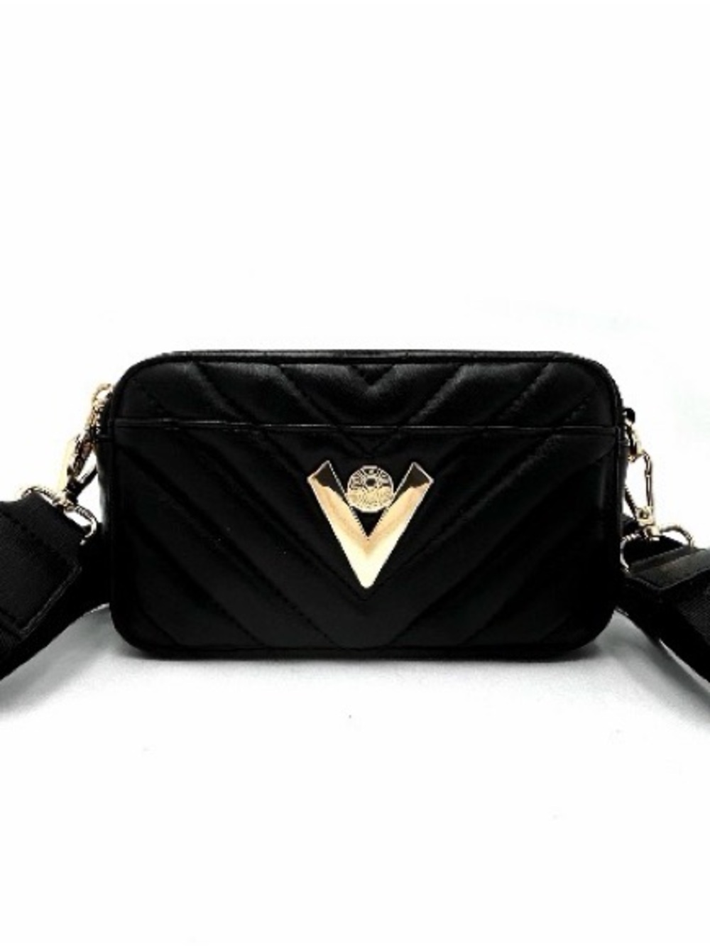 Valentino Orlandi Black Quilted Crossbody Camera Bag with Gold Accent